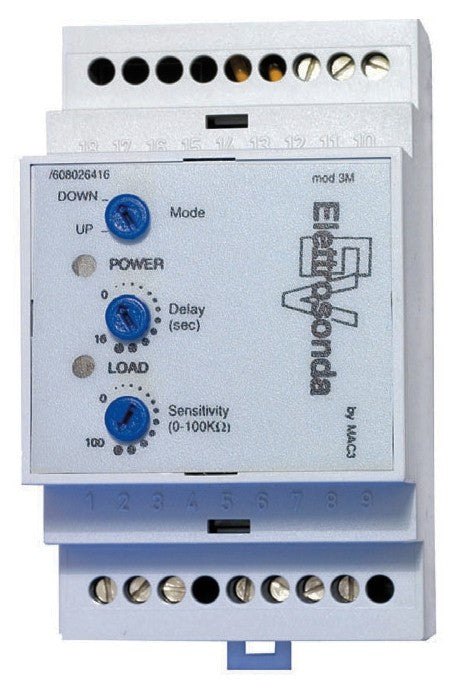 CONTROL DE NIVEL POR ELECTROSONDA MARCA MAC3 ITALIANO SERIE EV ALIMENTACION 24/120/240VAC TENSION DE LOS ELECTRODOS 10V MONTAJE EN RIEL DIN SALIDA DE RELES 2NA + 2 NC CORRIENTE 5(2)A @ 250V RETRASO AJUSTABLE DE 0-16 SEGUNDOS TEMPERATURA DE OPERACION