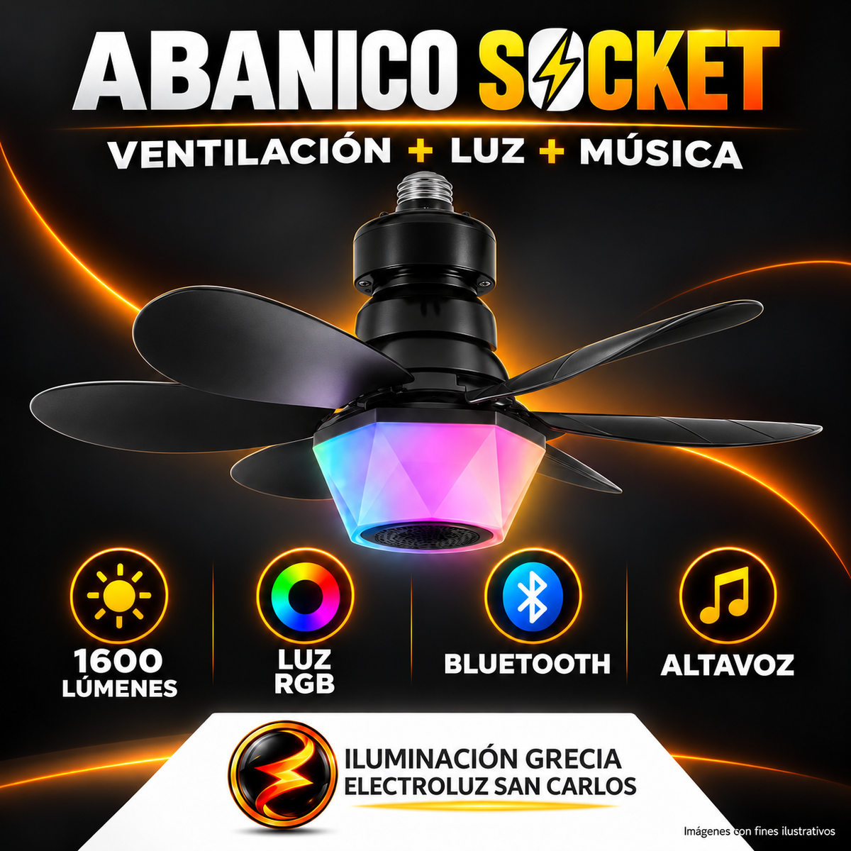 406-113 / Abanico De Techo 20” Con Socket E27, Luz LED RGB Y Bocina ELT0406