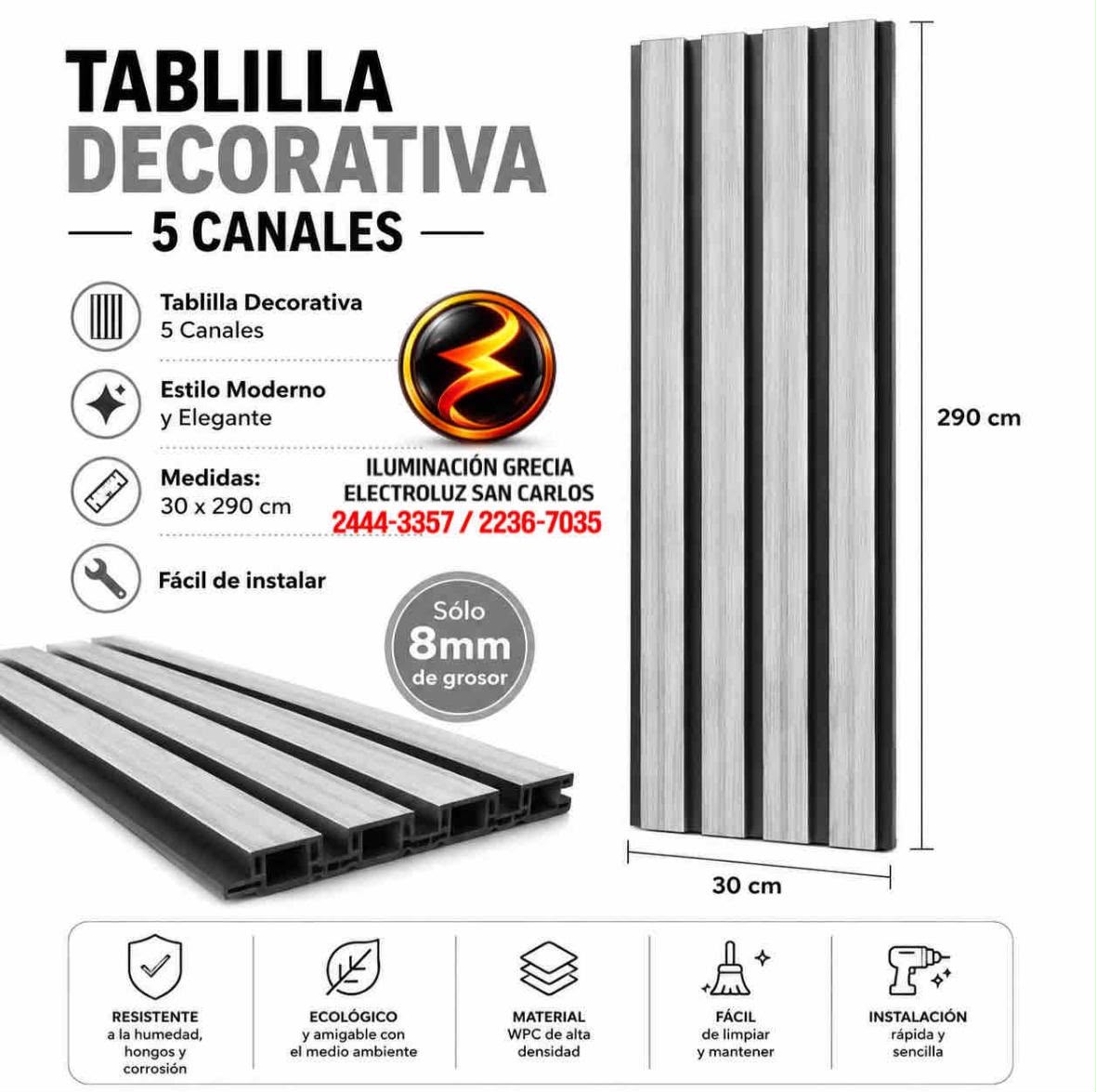 TABLILLA DECORATIVA GRIS 8MM 30X290CM 5 CANALES