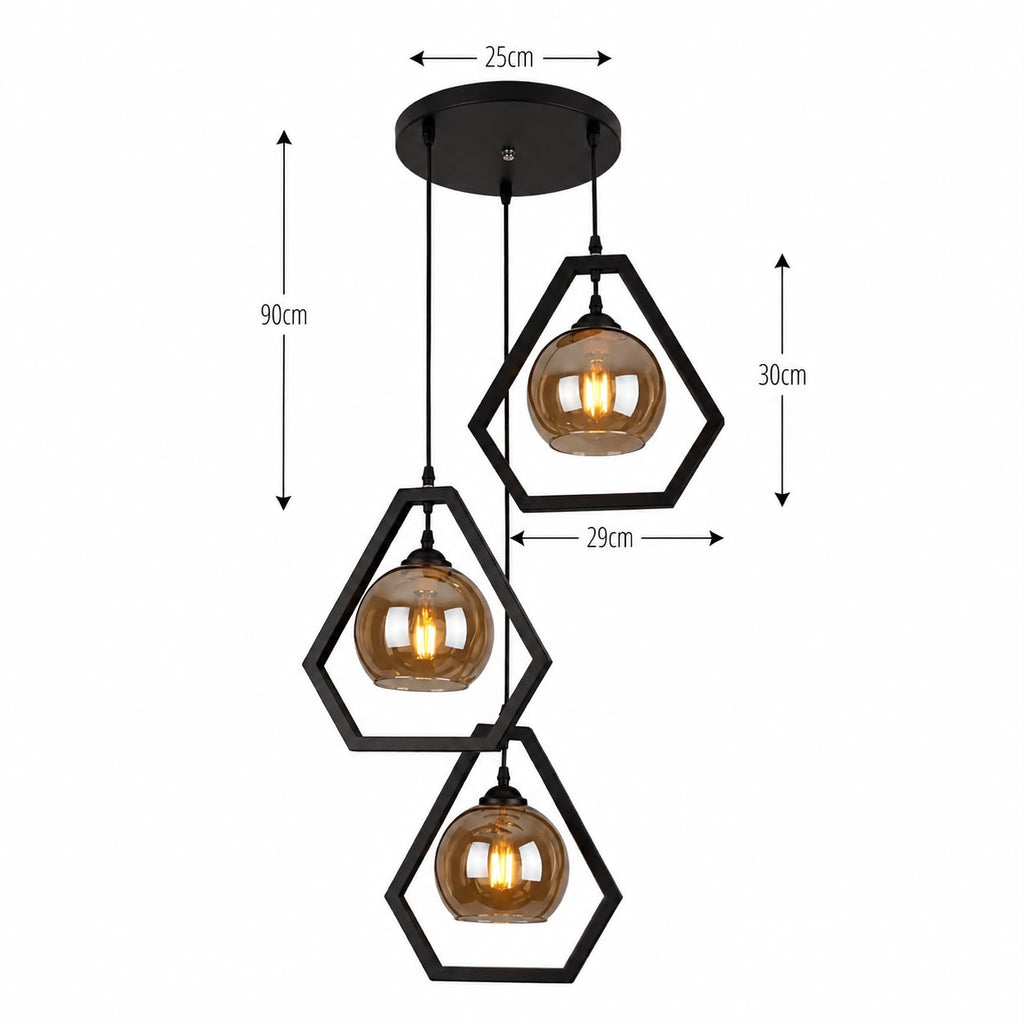 LÁMPARA DE COLGAR RÚSTICA MADERA + 3 COPAS DE VIDRIO 6312-3