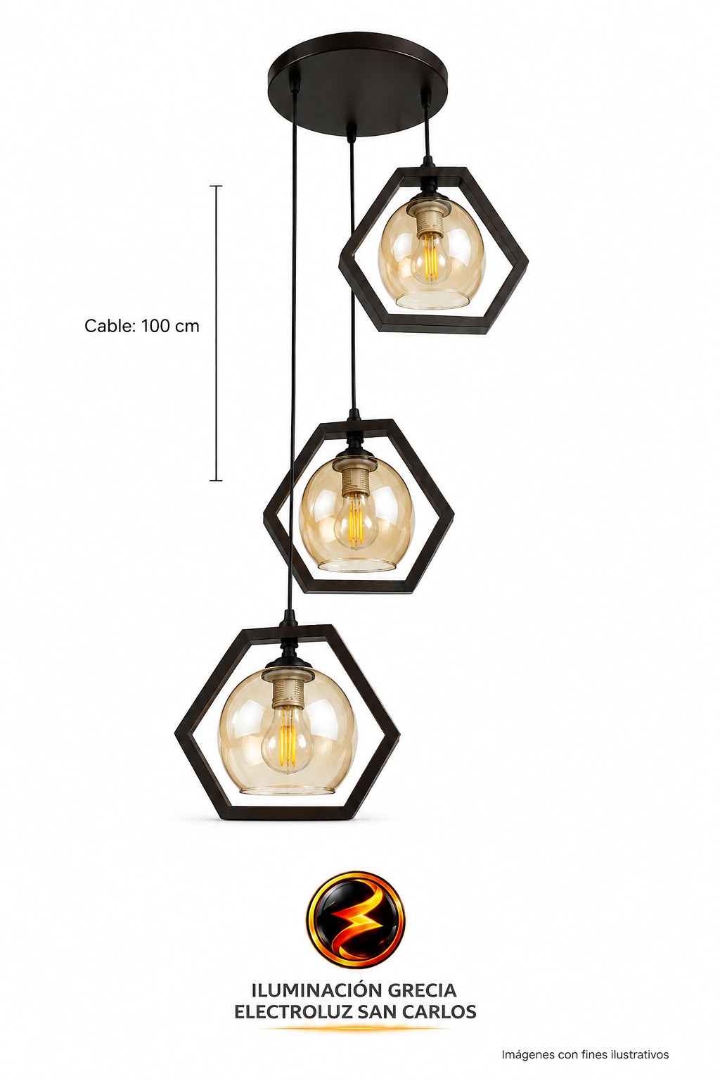 60-02090 LÁMPARA COLGANTE TRES PIEZAS HEXAGONALES, VIDRIO ÁMBAR