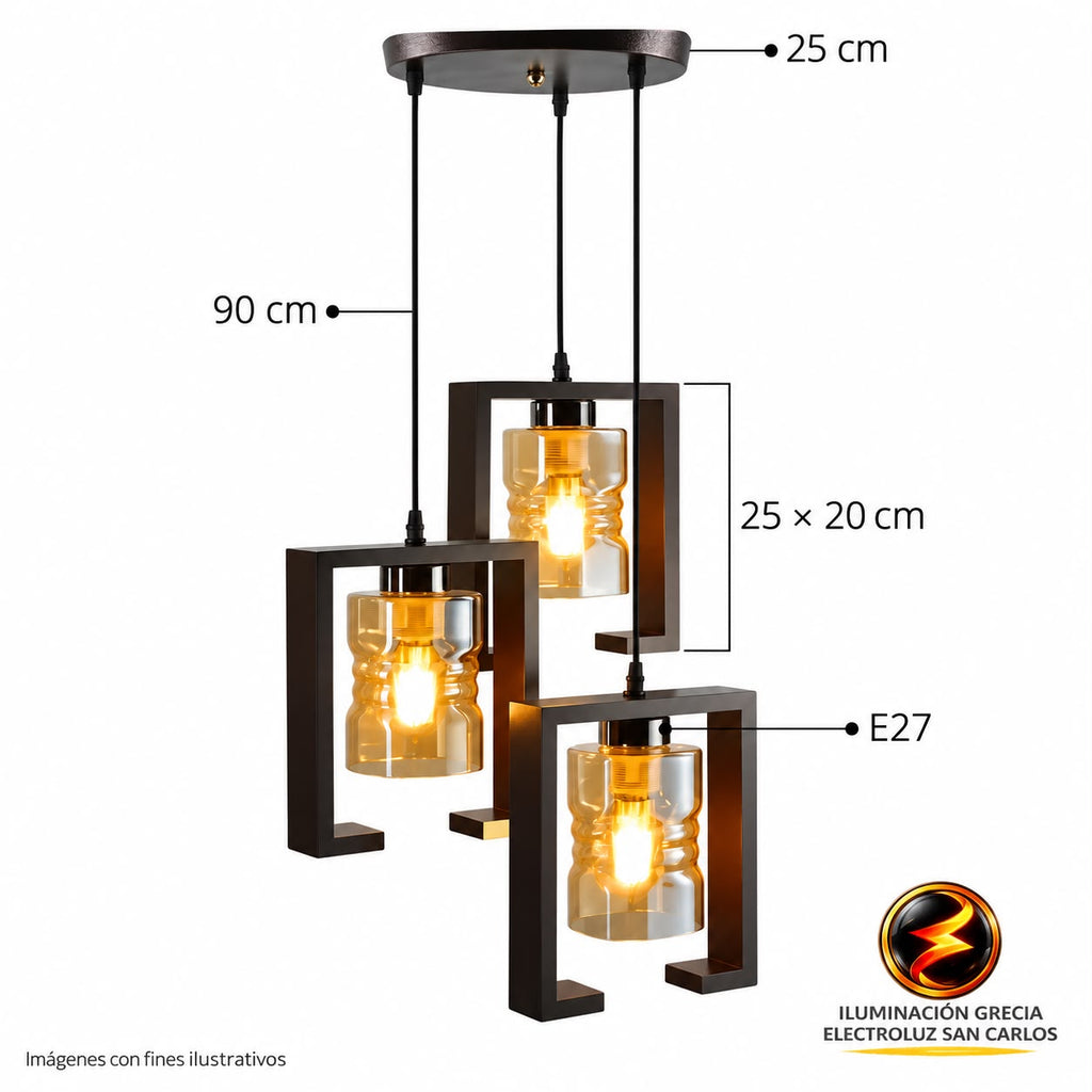 60-02089 LÁMPARA DE COLGAR RÚSTICA MADERA + 3 COPAS DE VIDRIO 6311-3