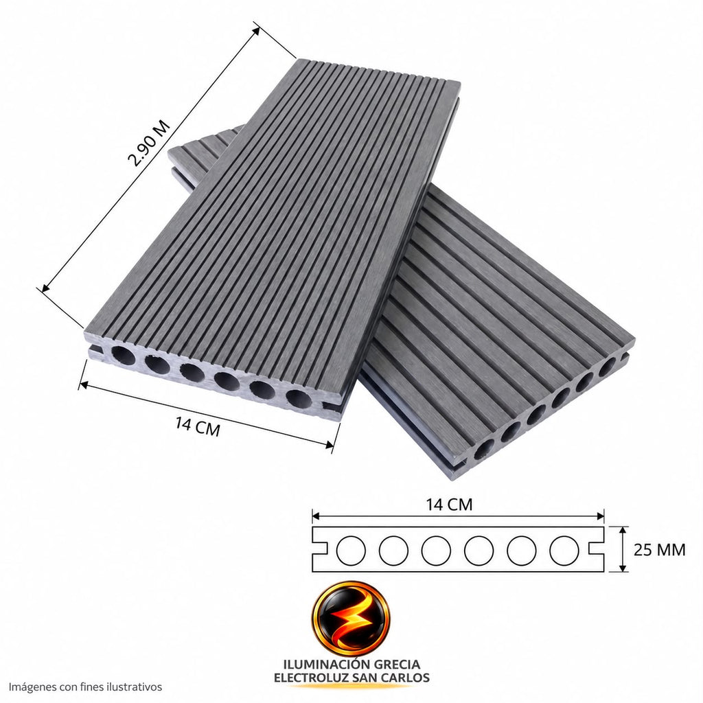 LÁMINA DE PISO ESTILO DECK WPC ACABADO GRIS CENIZA 14CM X 25MM X 2.90M
