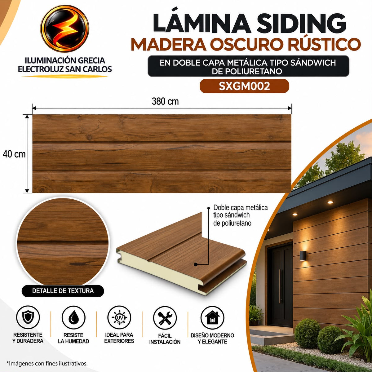 LÁMINA SIDING MADERA OSCURO RÚSTICO EN DOBLE CAPA METÁLICA TIPO SANDWICH DE POLIURETANO SXGM002
