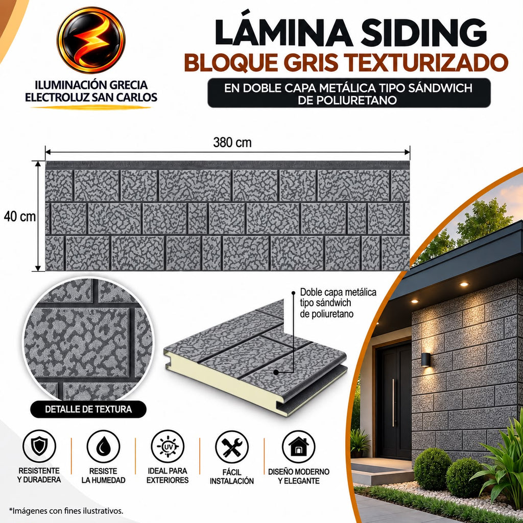 LÁMINA SIDING CERÁMICA GRIS EN DOBLE CAPA METÁLICA TIPO SANDWICH DE POLIURETANO TTDLS004
