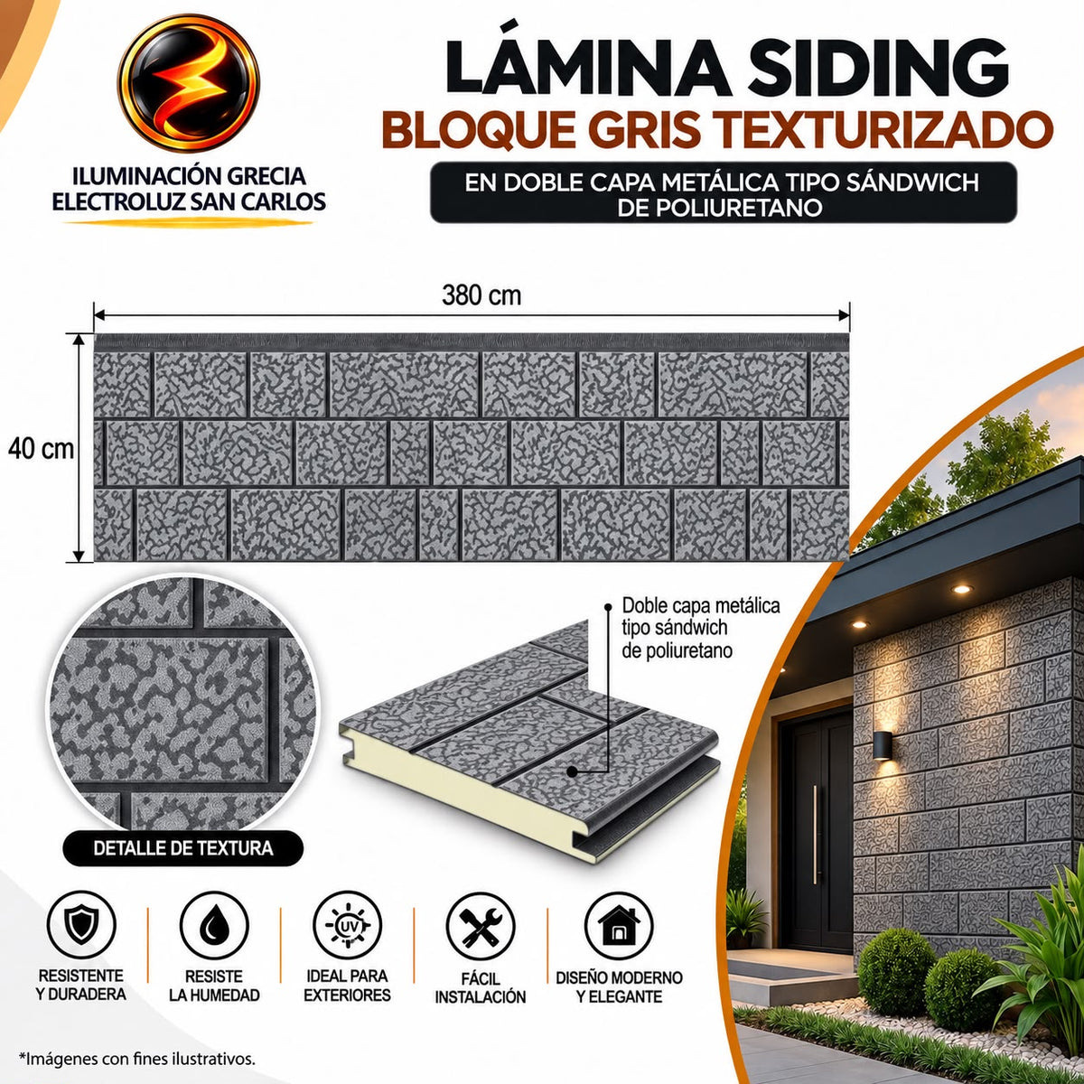 LÁMINA SIDING CERÁMICA GRIS EN DOBLE CAPA METÁLICA TIPO SANDWICH DE POLIURETANO TTDLS004