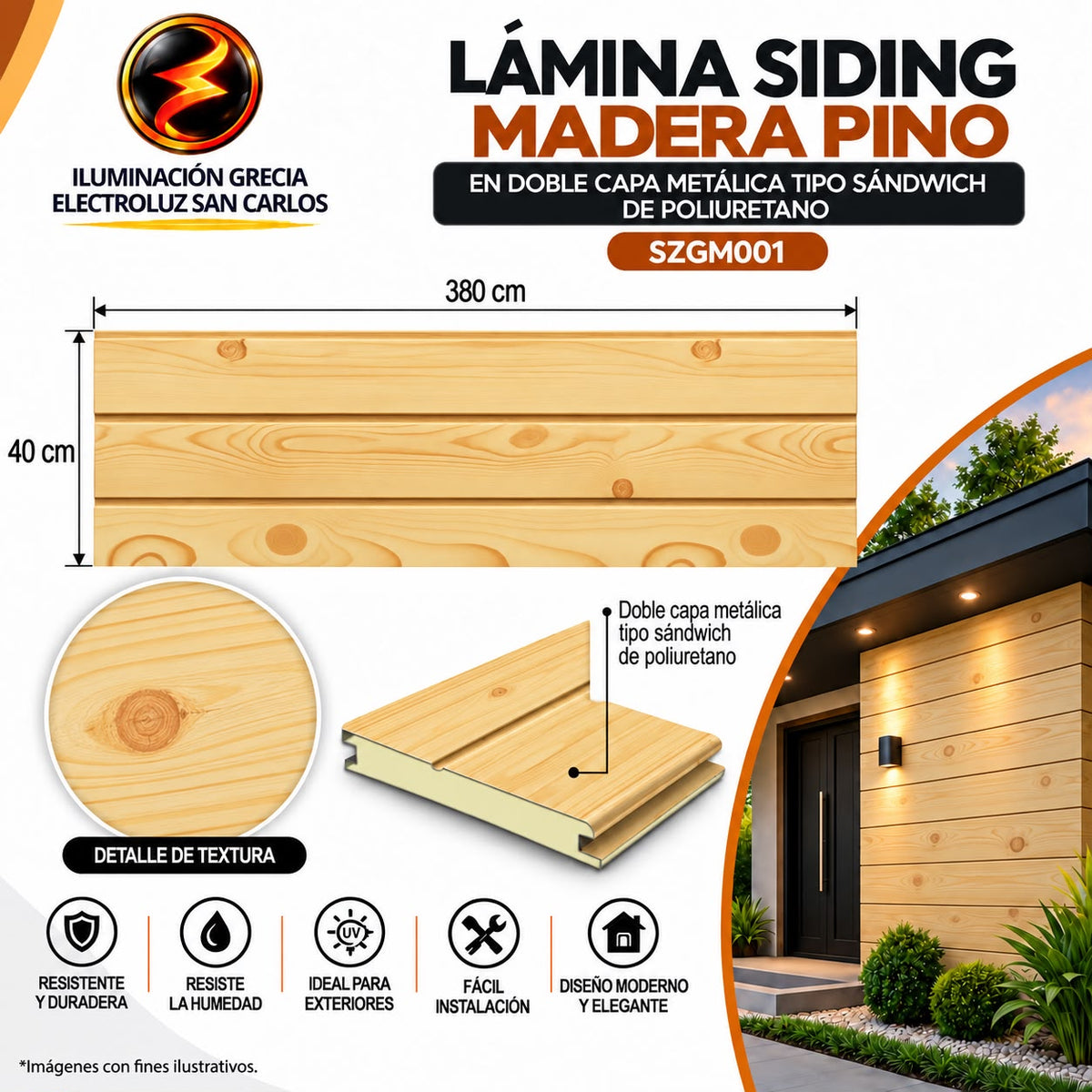 LÁMINA SIDING MADERA PINO EN DOBLE CAPA METÁLICA TIPO SANDWICH DE POLIURETANO SZGM001