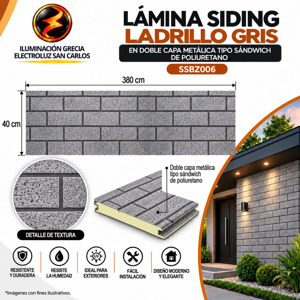 LÁMINA SIDING LADRILLO GRIS EN DOBLE CAPA METÁLICA TIPO SANDWICH DE POLIURETANO SSBZ006