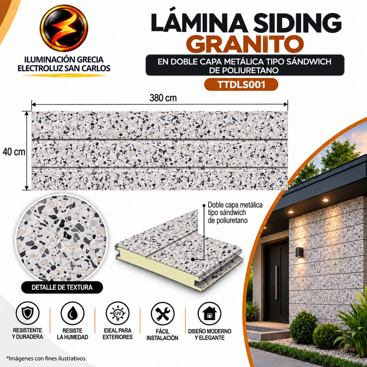LÁMINA SIDING GRANITO EN DOBLE CAPA METÁLICA TIPO SANDWICH DE POLIURETANO TTDLS001