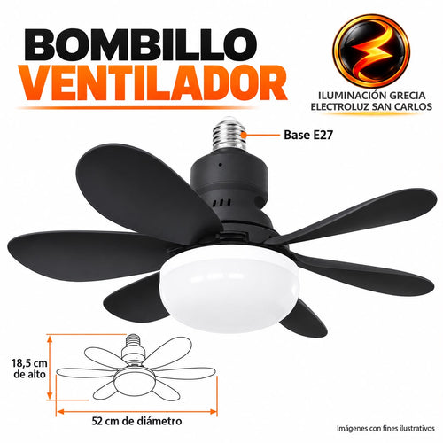 Abanico De Techo 20" Socket Negro E27 Con Luz Led Tono Ajustable 3000/4000/6500K, 1900 Lumens 6 Aspas 3 CCT 520X185mm