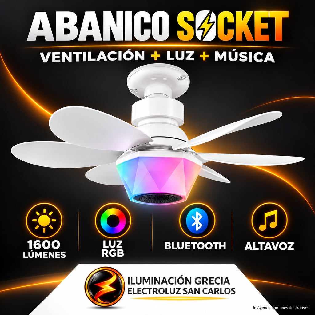 406-113 / Abanico De Techo 20” Con Socket E27, Luz LED RGB Y Bocina ELT0406