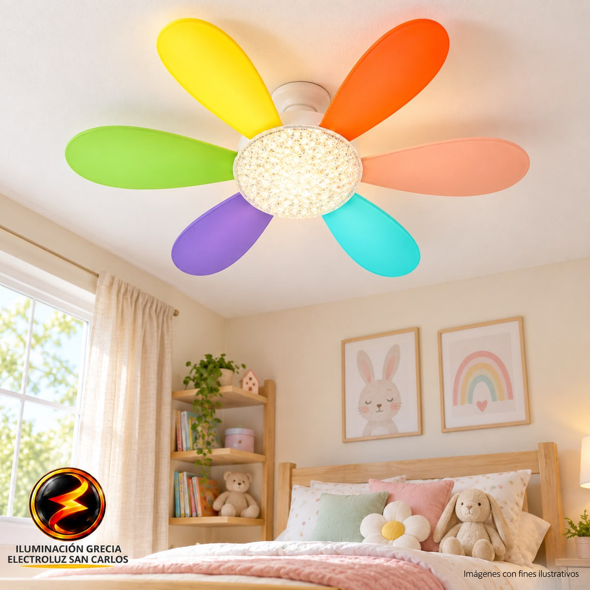 VENTILADOR ASPAS DE COLORES, ROSCA E27, CAMBIOS DE LUZ