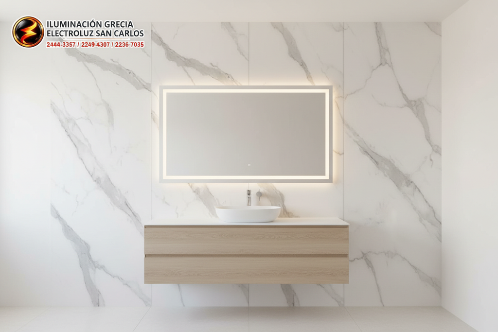 Baño con lámina mármol Calacatta blanco y espejo