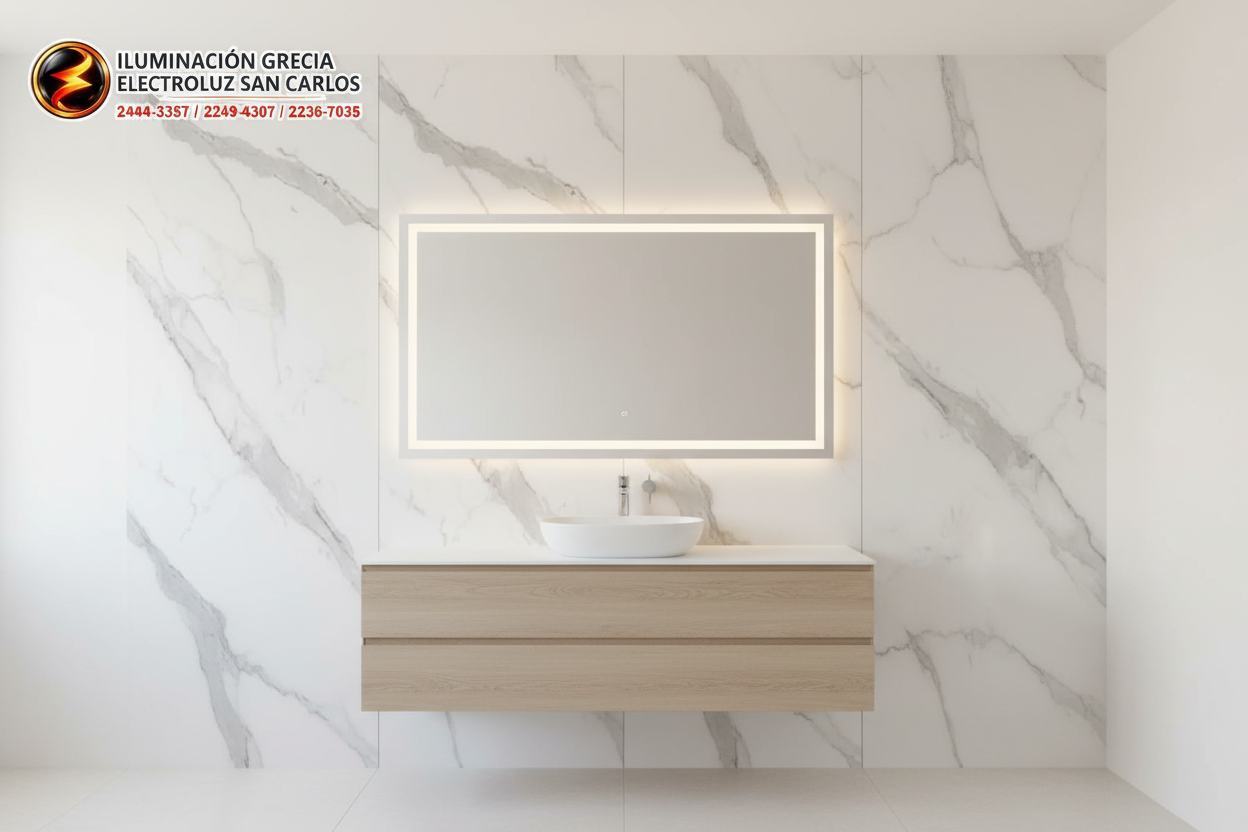 Baño con lámina mármol Calacatta blanco y espejo