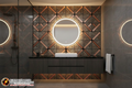 Baño con panel decorativo y logo Iluminación Grecia