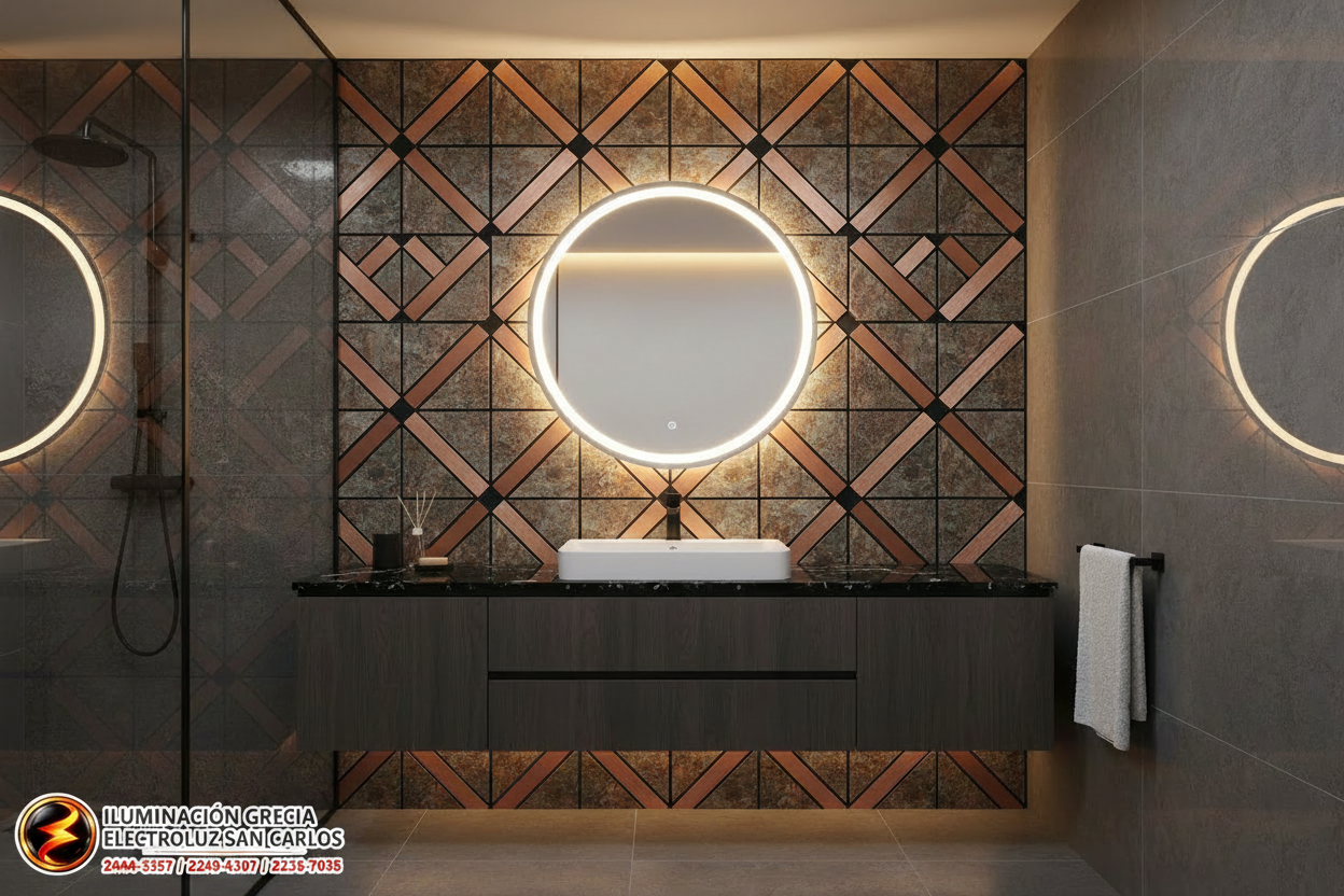 Baño con panel decorativo y logo Iluminación Grecia