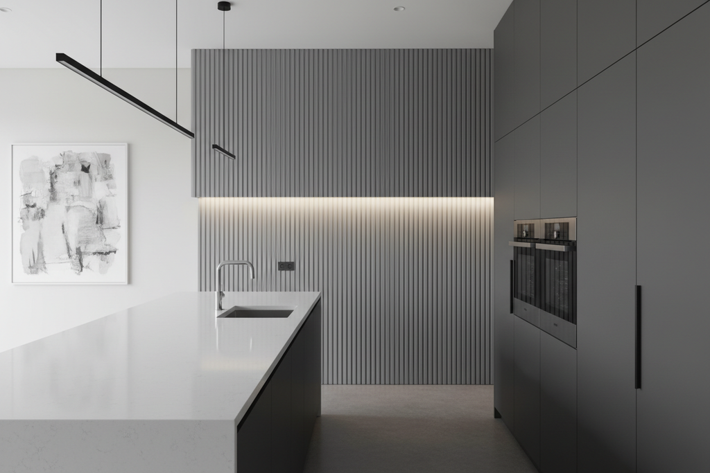 Cocina con lámina acanalada gris ceniza