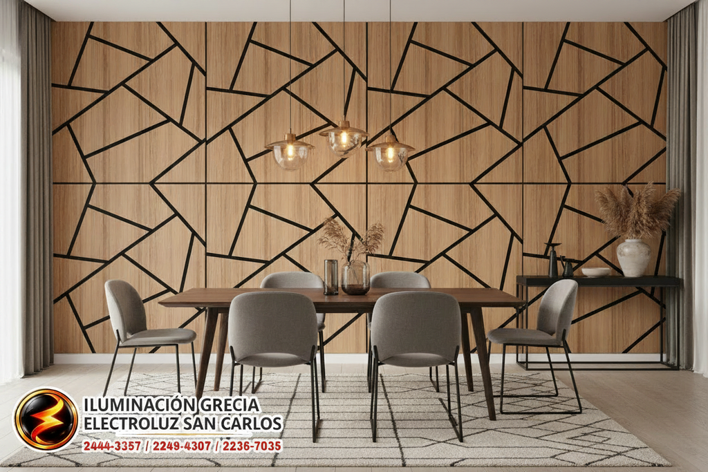 Comedor con paneles 60x60 repetidos en patrón continuo