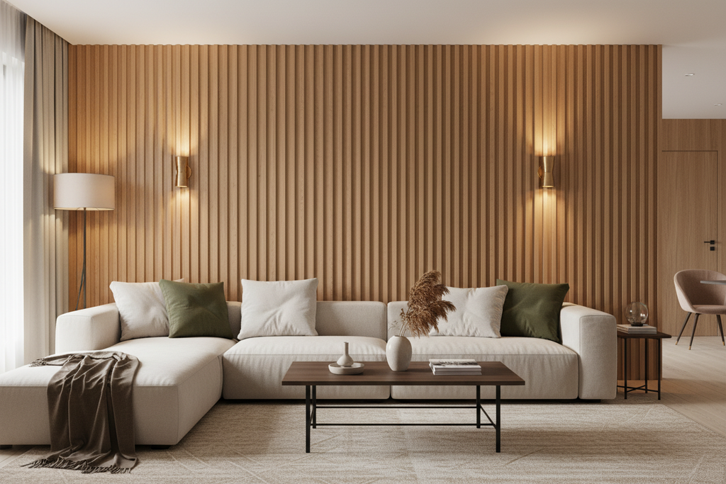 Sala de estar con lámina acanalada madera natural