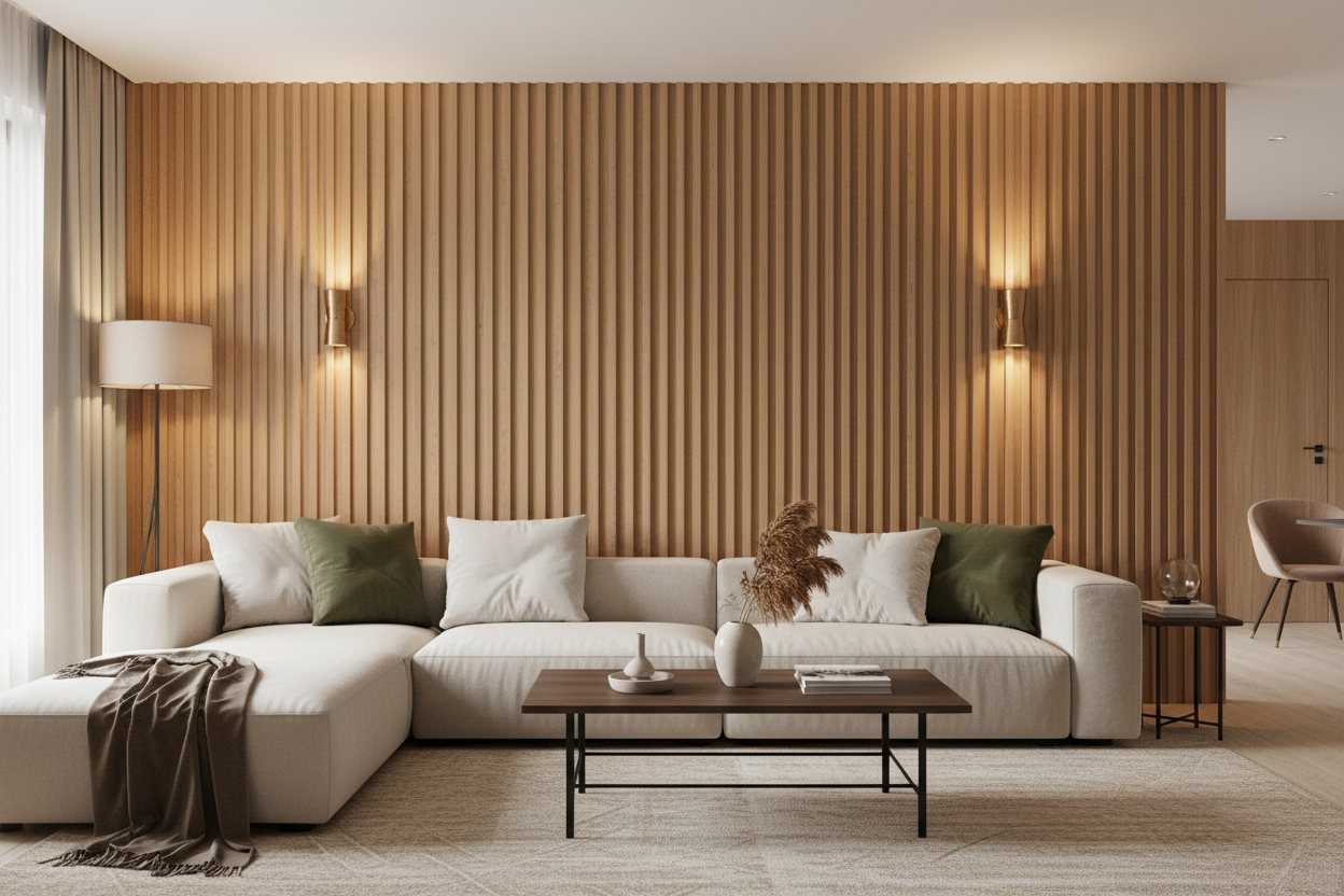 Sala de estar con lámina acanalada madera natural