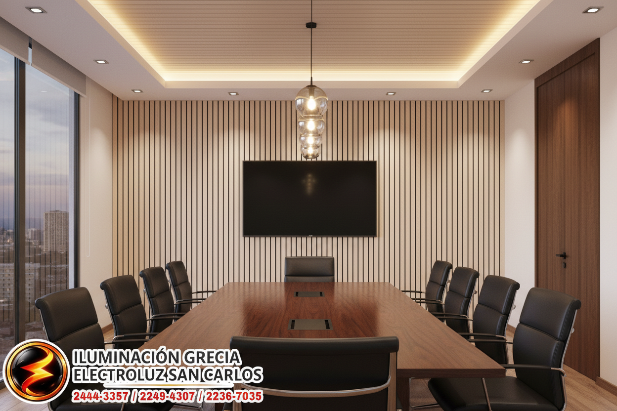 Sala de reuniones con panel de listones crema